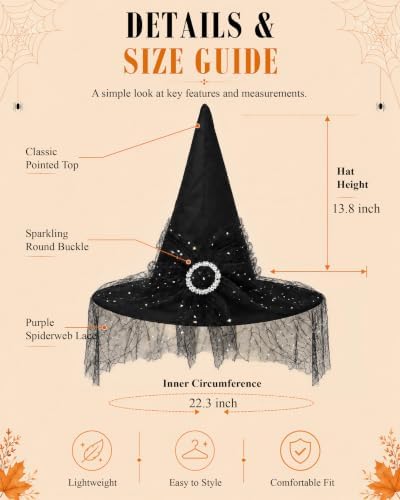 Edoneery Halloween Witch Hat for Women, Mesh Lace Cosplay Costume Accessory