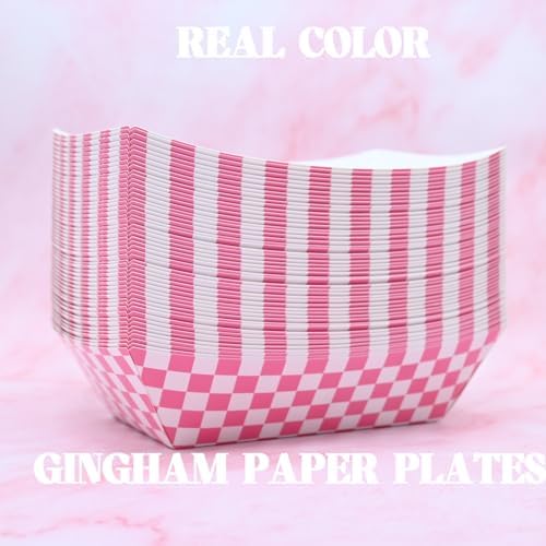 No Folding Required 50 Pcs 2lb Gingham Party Supplies Disposable Paper Food Trays for Shower Wedding Tea Party Supplies Nacho Snack (Coral Pink)