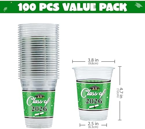 JOYIN 100 Pcs 16oz Graduation Party Plastic Cups (Green), PET Cup Tableware Bulk for Class of 2026 Graduates, Disposable Cups for 2026 High School College Graduation School Festivities Party Supplies