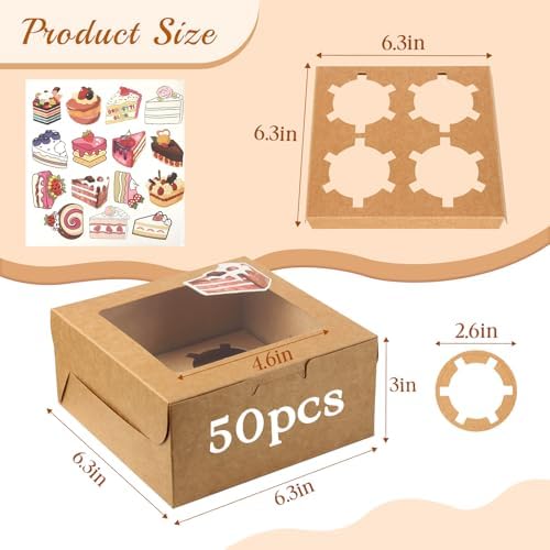OAMCEG Cupcake Boxes, 6x6x3 Inches Cookie Boxes,50 Pack,Brown