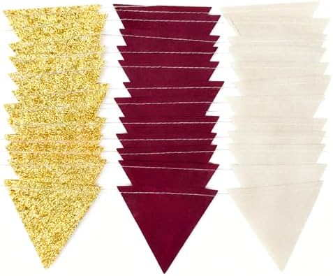 Maroon Gold Party Decorations Burgundy Beige Gold Glitter Felt Hanging Triangle Mini Bunting Pennant Banner Flag for Birthday Graduation Wedding Shower Anniversary Party Decor Supplies