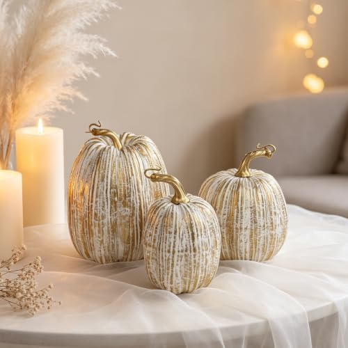 winemana Gold Pumpkins Fall Decor Large Artificial Foam Pumpkin, 3 Pack