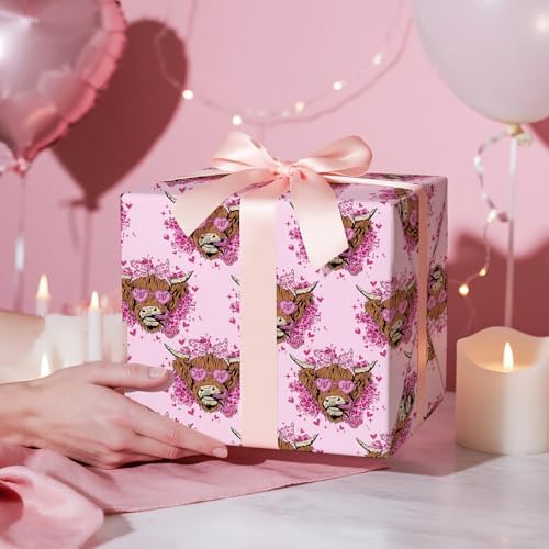 RUSPEPA Highland Cow Wrapping Paper Roll, Mini Roll, Floral Highland Cow with Heart Sunglasses Design, Pink Fun Gift Wrap for Kids, Girls, Valentine’s Day, Anniversary, Birthday, 17 Inches x 16.4 Feet