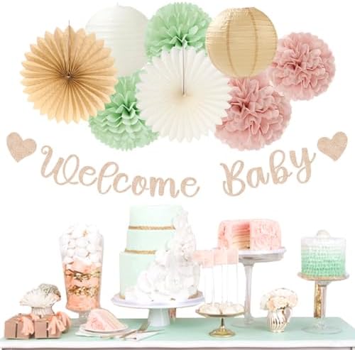 Sage-Green Pink-Beige Baby-Shower Party-Decorations - 36pcs Welcome Home Banner Sign,Girl Paper Lanterns,Neutral Streamers Garland,Boho Tissue Pom Poms Flowers Fans Backdrop Decor Burgleda