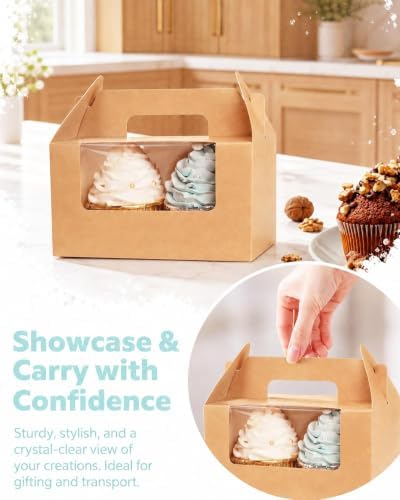 qiqee Cupcake Box Two Holder 6.5x3.6x3.5inch(2.2" Top) 50pcs Brown 2 Cupcake Boxes With Window