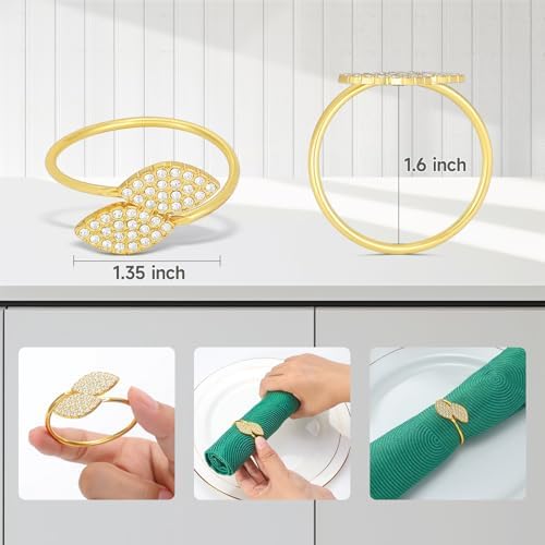KPOSIYA Gold Napkin Rings Set of 20, Diamond Leaf Napkin Holder