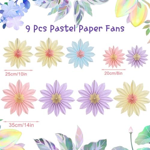 Pastel Paper Fans, Pastel Party Decorations for Classroom, Birthday, 9 PCS Yellow, Pink and Purple Pastel Paper Flower Decorations for Baby Shower, Wall Decor