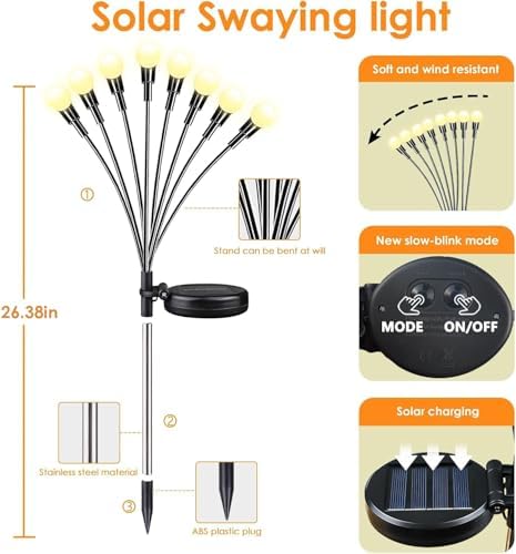 Solar Garden Lights Outdoor 8 Pack 64 LED Solar Firefly Lights Warm White