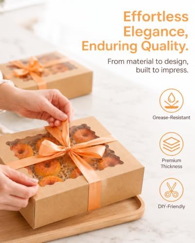 qiqee 10x10x2.5 Inch Brown Pie Boxes with Window 12Packs Cookie Donut Bakery Box (Auto-pop Up)