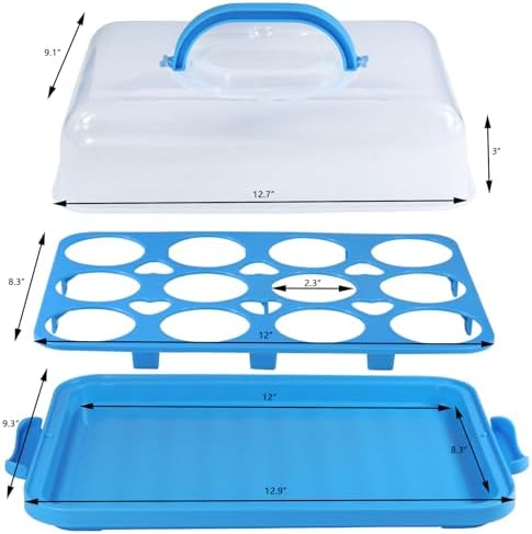 Cake Carrier with Lid, Cake Holder Cupcake Container for 12 Cupcakes 2 in 1 Portable Dessert Container for Pie Muffin Cobbler (Blue)