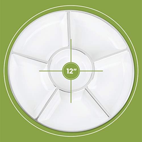 6 Sectional Round Plastic Serving Tray/Platters White W Silver Rim Pack of 2