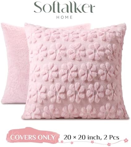 Softalker Spring Decorative Throw Pillow Covers 20 x 20 Inch Set of 2, Farmhouse Summer Floral Daisy Soft Faux Fur Cushion Covers, 3D Pillow Cases for Couch Bedroom Living Sofa Room Home Decor, Pink
