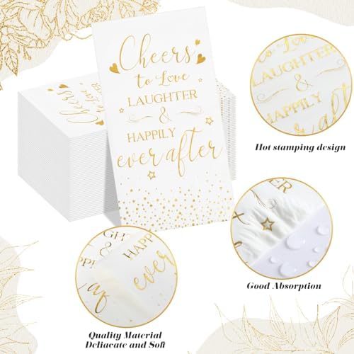 Pasimy 50 Pcs Bridal Shower Napkins Cheers to Love Laughter and Happily Ever After Disposable Decorative Wedding Paper Dinner Napkins for Banquet Engagement Party Decoration Supplies (Gold)