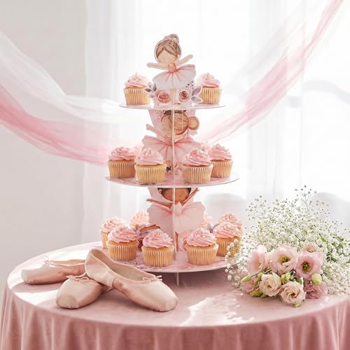 3 Tier Ballerina Party Decoration Ballerina Cupcake Stand Decoration Dancing Girl Floral Cupcake Tower Pink Dance Theme Cake Holder Table Display for Ballet Tutu Dancer Pink Party Supplies