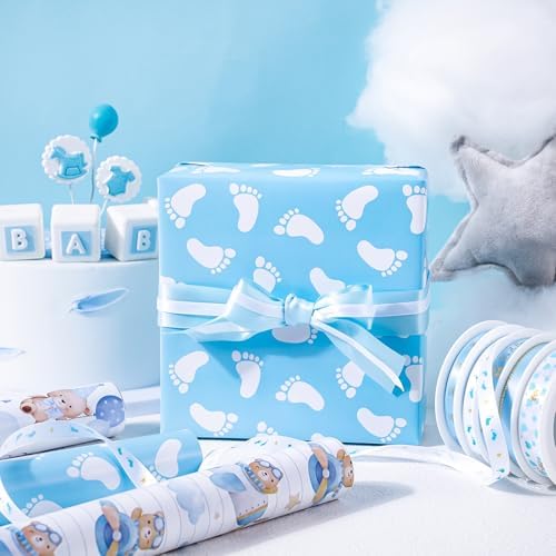 WRAPAHOLIC Bear Baby Shower Wrapping Paper - Mini Roll - 3 Rolls - 17 Inch x 120 Inch - Adventure Bear in Airplane and Party Design for Baby Shower, Boy Birthday