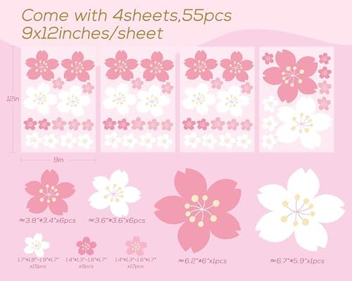 FLFK 55 Pcs Cherry Blossoms Wall Decals Peel and Stick Flower Wall Stickers for Nursery Living Room Bedroom Girls Room Home Decor