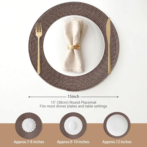 FunWheat Round Braided Placemats Set of 12 Place Mats for Dining Table Woven Washable Non-Slip Table Mats 15 Inch(Brown,12pcs)