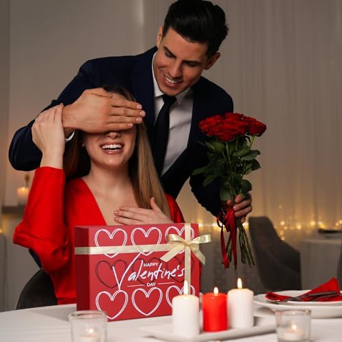 Ctosree 13.5 x 10 x 4 Inch Large Happy Valentine's Gift Box with Lid for Presents, Red Large Heart Luxury Foldable Cardboard Box for Gift Packing, Contains Card, Envelope, Ribbon, Raffia Grass
