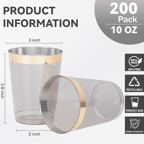 supernal 200 Pack 10 oz Gold Rimmed Black and Gold Plastic Cups for Party