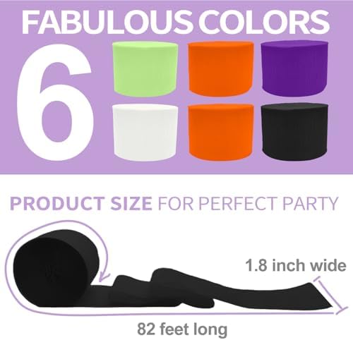 6 Crepe Paper Streamers Rolls, 492ft Black Orange Purple Green and White Streamers Party Supplies for Halloween Theme Horror Party Birthday Wedding Backdrop Decorations (1.8 inch x 82 ft/Roll)