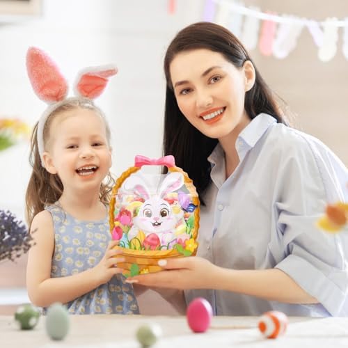 FOIMAS 50pcs Easter Gift Bags Plastic Easter Goodie Bags with Handles Ziplock Bunny Basket Resealable Candy Bag for Holiday Party Candy Gifts Supplies Decoration Favor