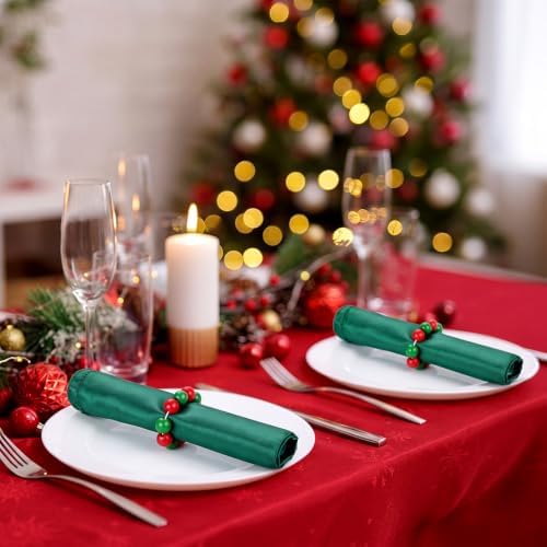 Qinyoung 8 Sets Christmas Cloth Napkins and Napkins Rings Holders Red Green