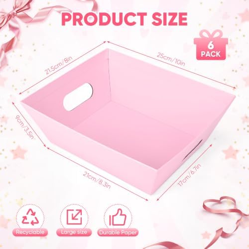 6 Pack Pink Baskets For Gifts Empty, 10x8x3.5" Thick Paper Basket with 6 Clear Bags and 6 Pink Bows, Empty Gift Baskets for Baby Shower Valentine Bridal Birthday Party Wrapping Gift