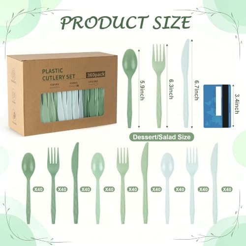 360Pcs Sage Green Plastic Silverware Set, Salad Size Disposable for Dessert