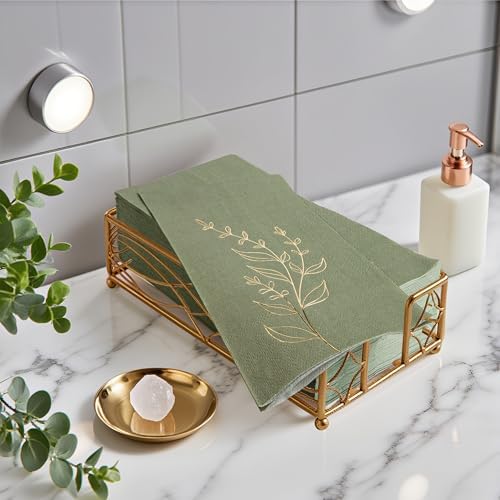 Olive Green Napkins 2- Ply Disposable Dinner Paper Napkin 100 Pcs Gold Foil Leaves Cocktail Napkins for Christmas Dinner Picnic Birthday Wedding Party