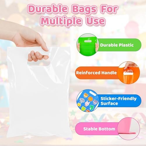 VieFantaisie 50 PCS White Party Favor Bags, 8" x 11" Goodie Bags for Candy Treat Craft Easter Egg, Plastic Gift Bag with Die Cut Handles for Birthday Party, School Events & Small Business, Wedding