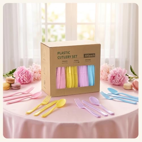 300Pcs Pastel Plastic Silverware Set, Full Size Disposable for Dinner