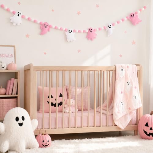 Jansun Pink Ghost Garland 3D Felt Halloween Banner for Fireplace Decor