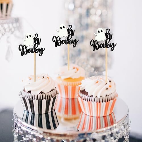 24 Pcs Ghost Oh Baby Cupcake Toppers - Halloween & Baby Shower Decorations, Little Boo Cupcake Picks, Ghosts Cake Decoration for Gender Reveal
