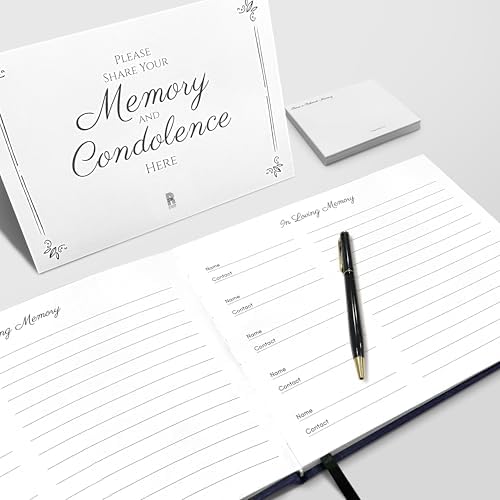 Rymori Funeral Guest Book for Memorial Service - with Pen, Cards, Table Sign & Back Pocket, Guests Sign in Book in Loving Memory | Celebration of Life Memorial Service Guest Book, Navy Blue Linen