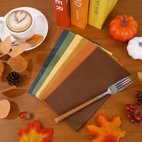 Whaline 120Pcs Fall Guest Napkins 6 Autumn Colors Disposable Napkin Multi-Color Paper Dinner Hand Towels for Fall Harvest Thanksgiving Tableware Supplies