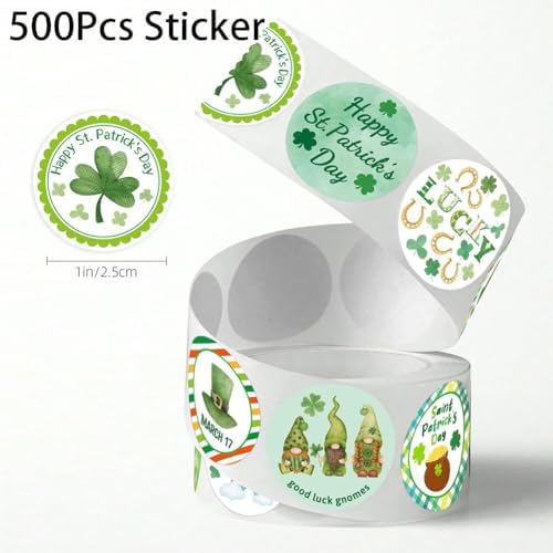 St. Patrick's Day Stickers Roll 1in Shamrock Sticker Decor 8 Designs Self-Adhesive Clover Sticker Decals for Irish Holiday Party Scrapbook Journal Envelopes Goodie Bags Decorations - 500Pcs
