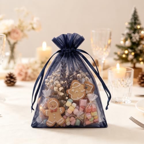 Wudygirl 50 Pcs Organza Bags, 5x7 IN Drawstring Gift Bags-Navy Blue