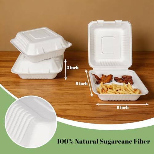 Lucklot 50 Pack 8×9 Inch 3-Compartment Compostable Bagasse Food Containers