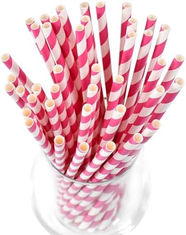 7.75 inch Hot Pink Striped Paper Straws for Drinking - Unwrapped, 100 Counts - for Party, Wedding, Cocktail, Beverage