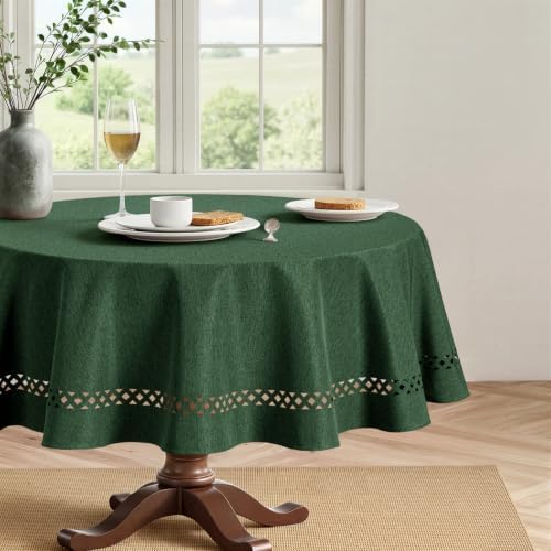 MIULEE Army Green 60 Inch Round Linen Tablecloth with Decorative Cutouts