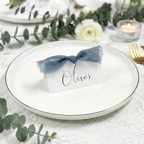 50Pcs Premium Place Cards, Small Table Cards with Blue Ribbon, 2" x 3.5" Tent Card, Name Card, Wedding Place Cards for Wedding, Valentines Day, Table, Dinner Parties, Seating Card