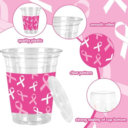 Whaline 50Pcs Breast Cancer Awareness Plastic Cups with Lids Straws Pink White Ribbon Clear Plastic Cups 12oz Disposable Cup for Charity Events Party Favors Supplies