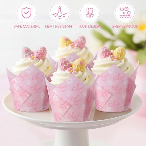 Maxdot 200 Pcs Daisy Bow Tulip Cupcake Liners for Baking Coquette Bow Daisy Paper Muffin Baking Cups Pink Floral Tulip Muffin Liners Wrappers for Wedding Bachelorette Bridal Showers Birthday Party