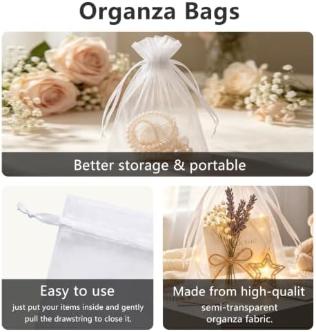 Wudygirl 50 Pcs Organza Bags, 5x7 IN Drawstring Gift Bags-White