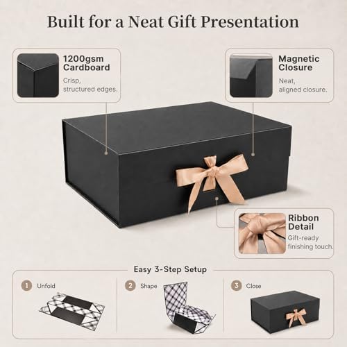Tekhoho Large Gift Box 13.2x10.6x5in, Premium Present Box with Magnetic Lid and Ribbon for Holidays Wedding Birthday Gift Packaging, Plaid Lining (13.2x10.6x5in-White)