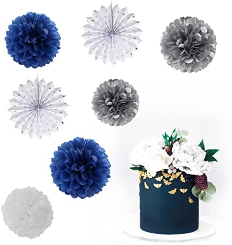 Navy-Blue White Silver Party Decorations - 14pcs Kits Paper Lanterns Fan,Tissue Flower Pom Poms Streamers,Honeycomb Balls,Graduation 2026 Men Birthday Wedding Baby Bridal Shower Decor Lasting Surprise