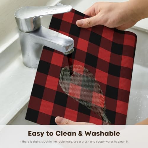 Artoid Mode Buffalo Plaid Vinyl Placemats Set of 4, 12x18 Inch Washable Non-Slip Heat Resistant Plastic Place Mats for Party Dining Table, Black/Red