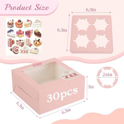 OAMCEG Cupcake Boxes with Window, 6x6x3 Inches Cookie Boxes,30 Pack,Pink