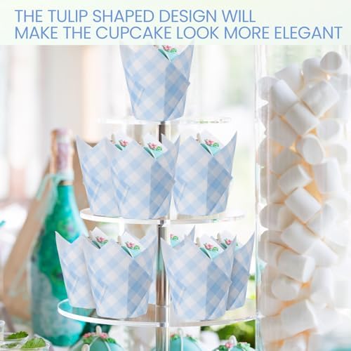 Maxdot 200 Pcs Blue Gingham Tulip Cupcake Liners for Baking Plaid Paper Muffin Baking Cups Checkered Tulip Muffin Liners Wrappers for Bridal Baby Shower Wedding Birthday Party Decor