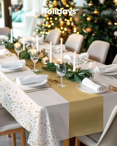 Pureegg Plastic Table Cloth Disposable 54x108 Inch 10 Pack, White Gold